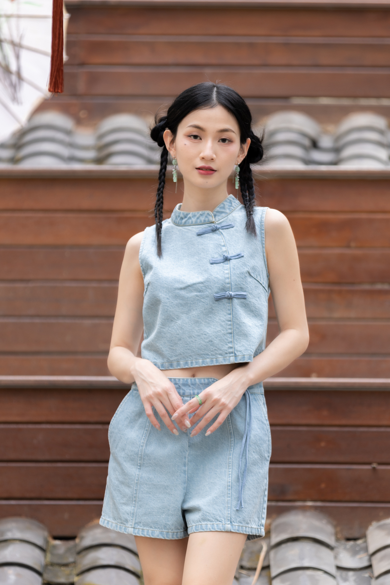 Eulalia Cheongsam Denim Tank Top Light Wash