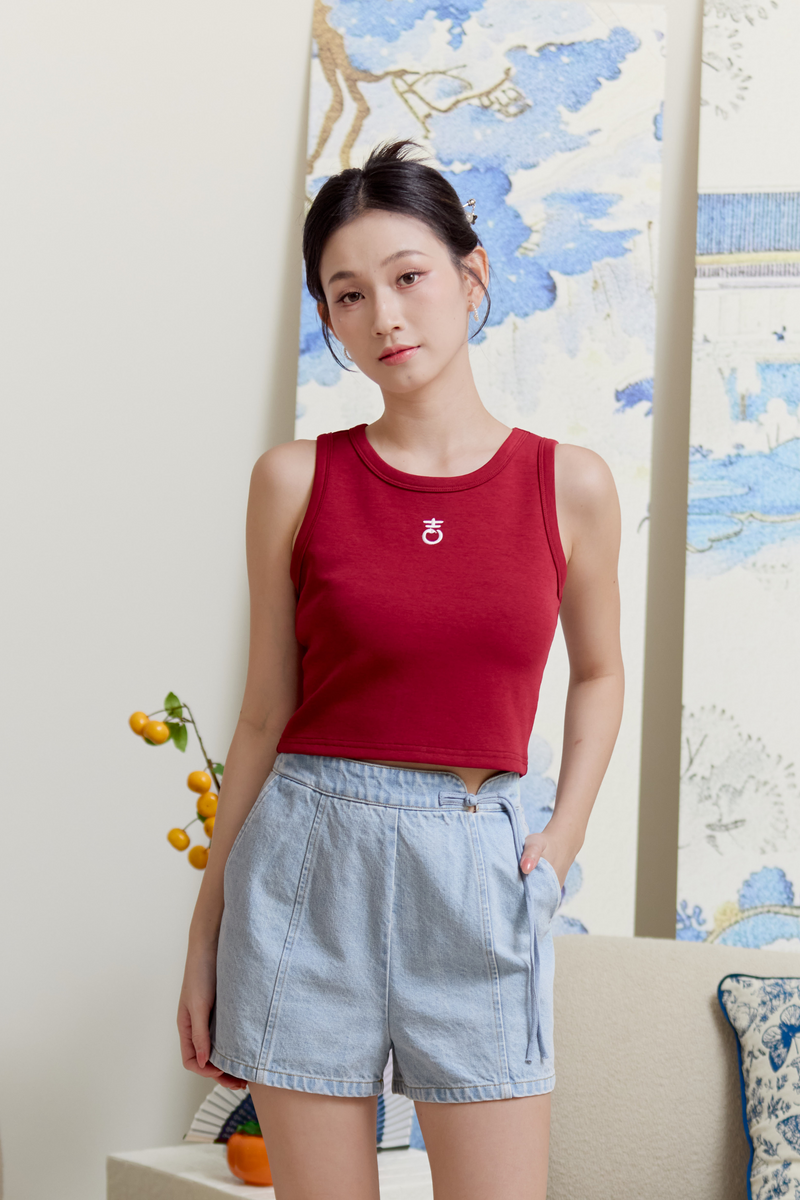 Year of Snake Embroidered Cropped Tank Top Wine