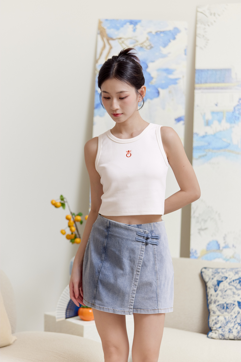 Year of Snake Embroidered Cropped Tank Top Ivory