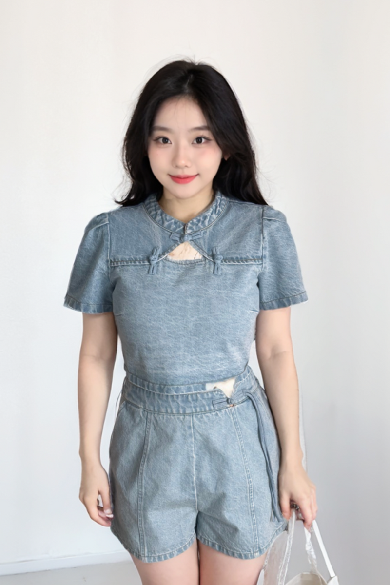 Zhen Denim Cheongsam Top Light Blue