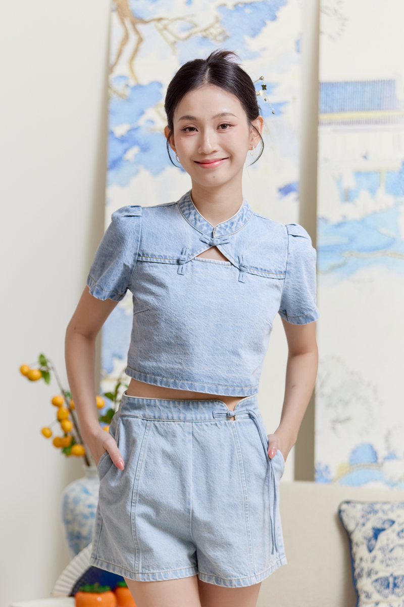 Zhen Denim Cheongsam Top Light Blue