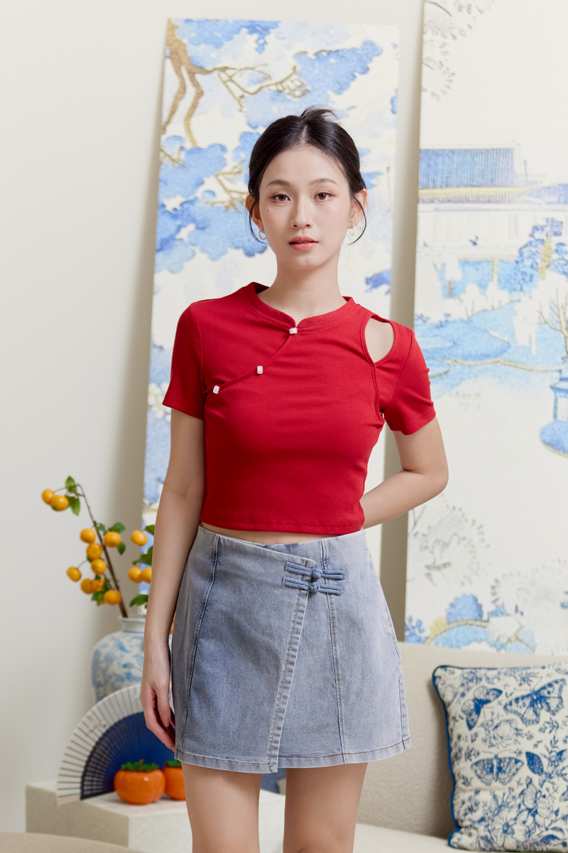 Ismay Cheongsam Knit Top Scarlet