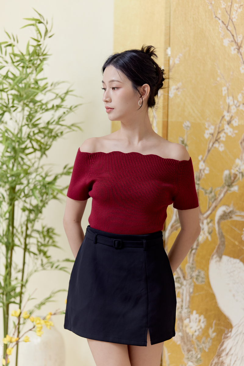 [BACKORDER] Fallon Off-Shoulder Knit Wine Red