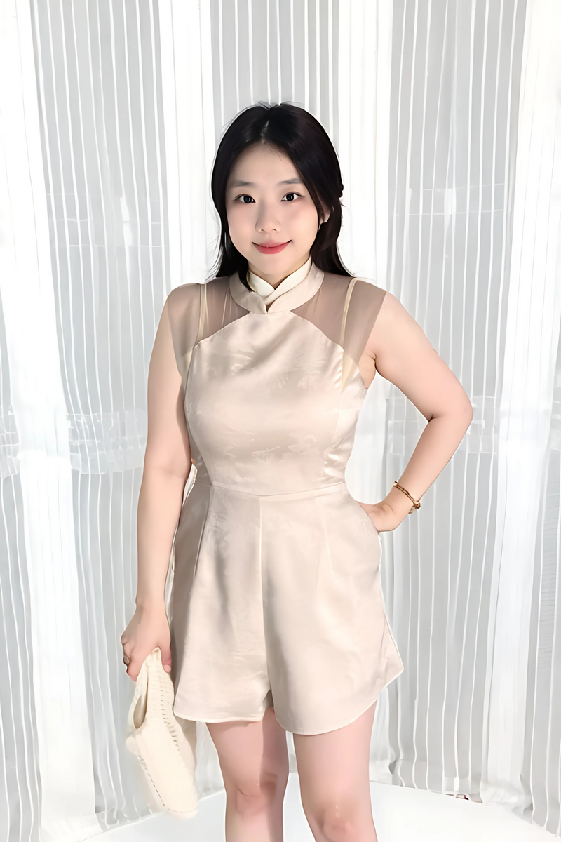 Chiffon Mandarin Collar Romper Cream