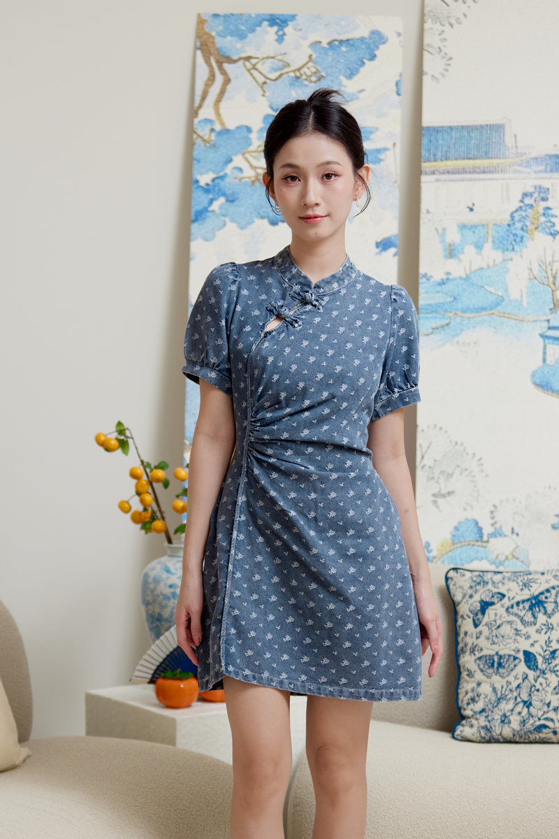 Cathy Floral Print Denim Cheongsam Dress Light Wash