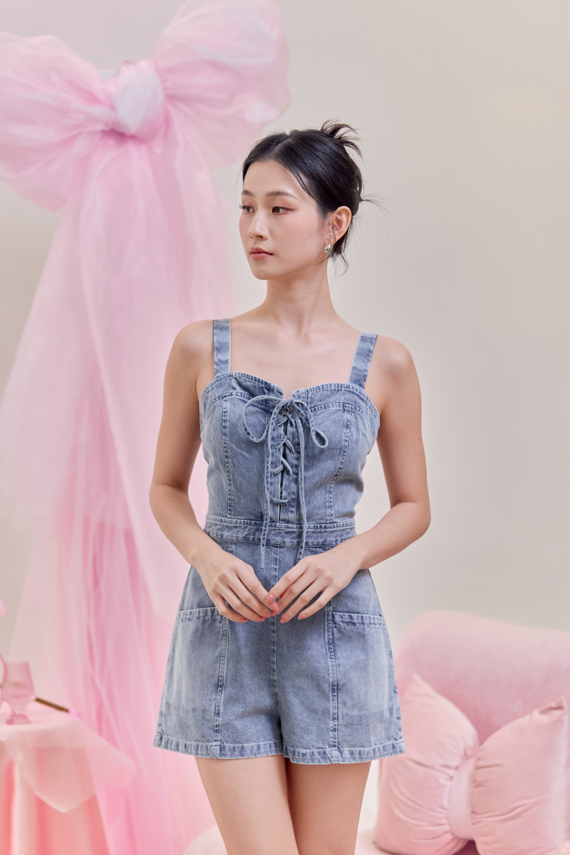 [Backorder] Lucienne Denim Lace-Up Romper Light Wash