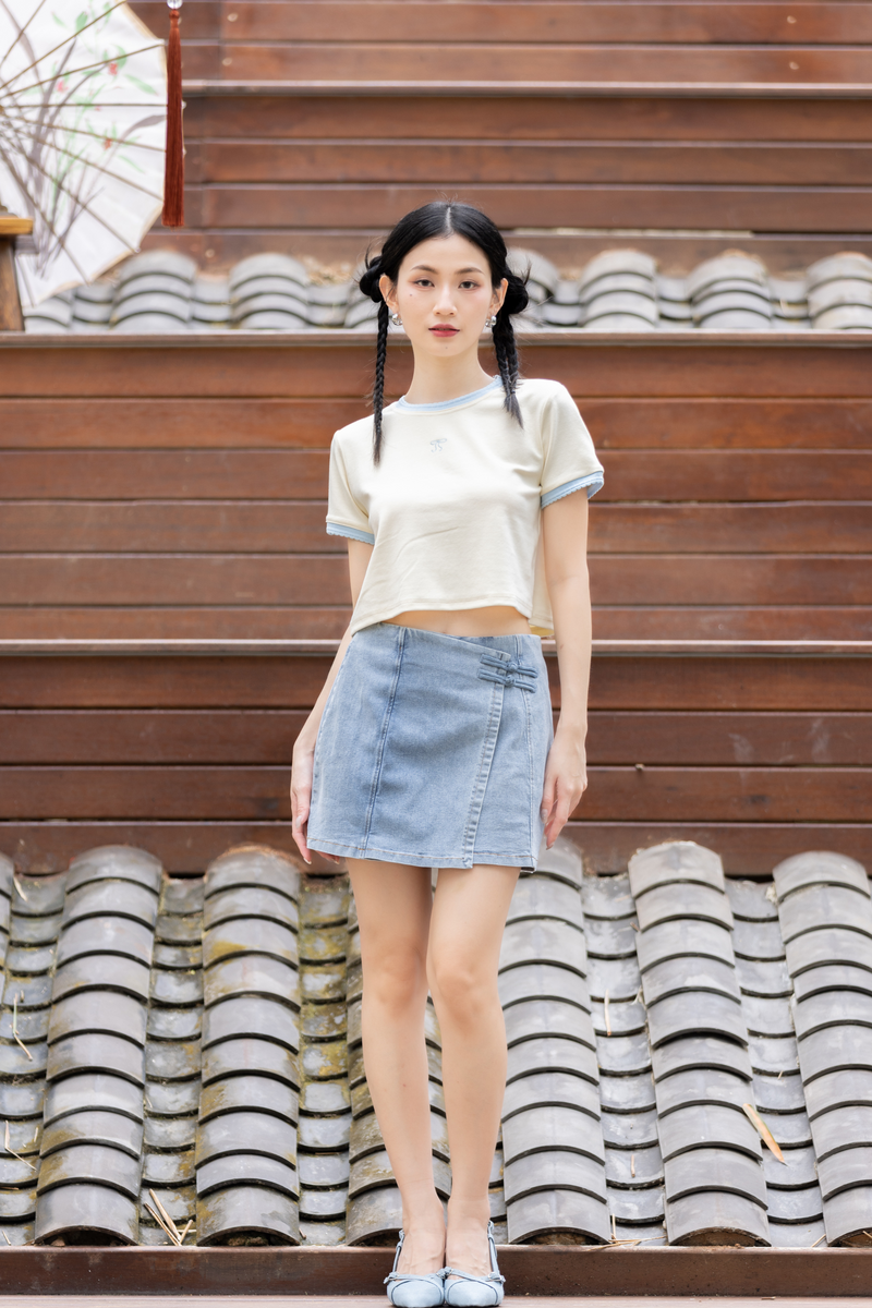 Cheongsam Overlap Denim Skirt Light Wash