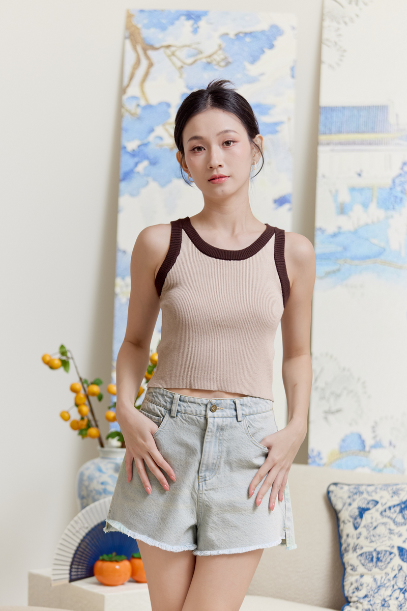 Kay Contrast Halter Knit Top Khaki