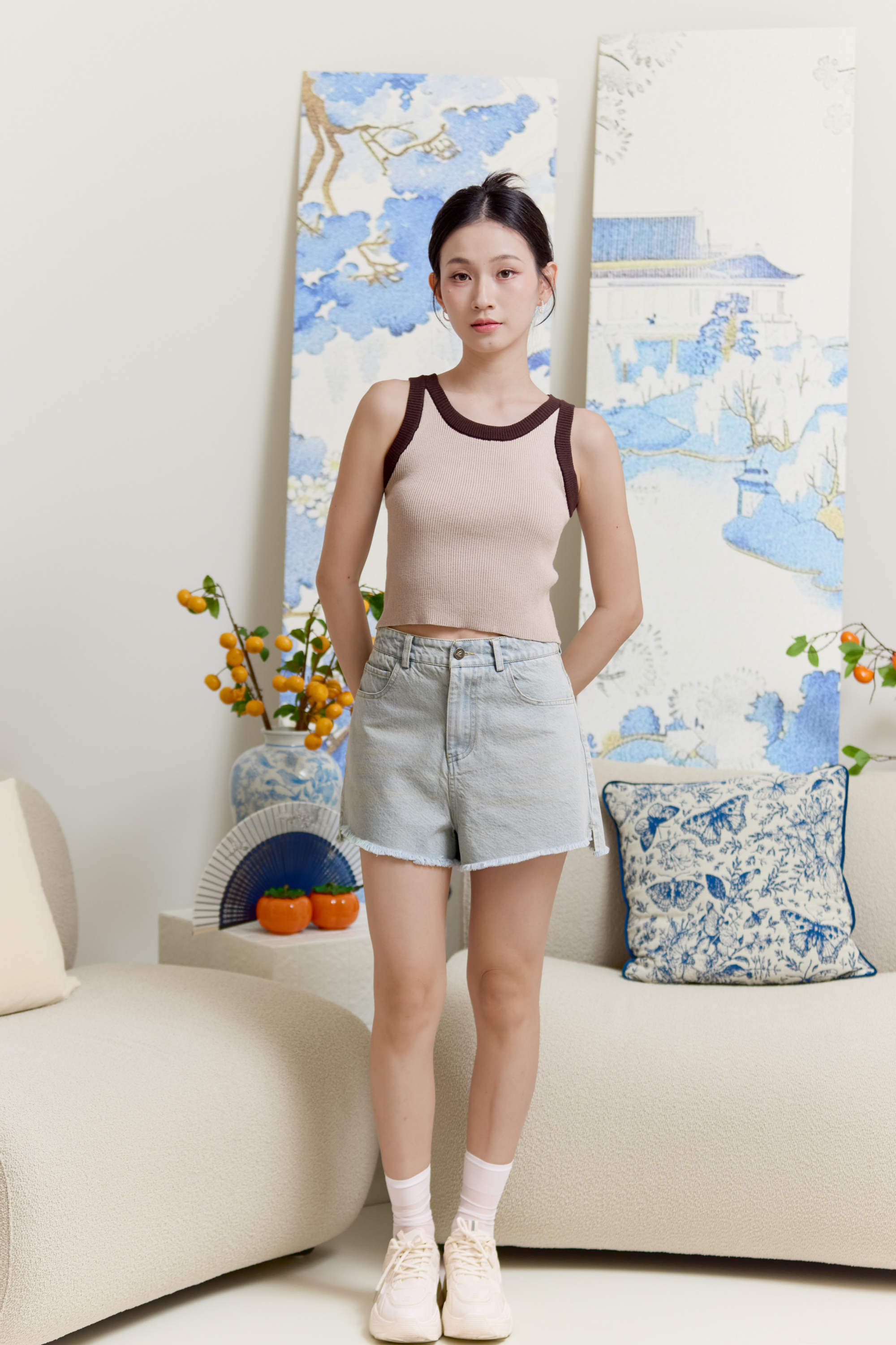 Kay Contrast Halter Knit Top Khaki