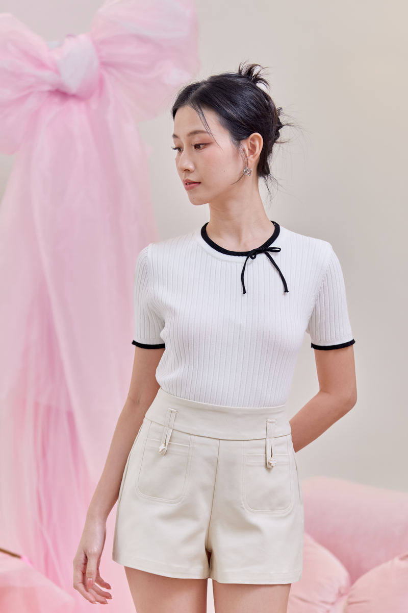 Minnie Contrast Knit Ribbon Top Ivory