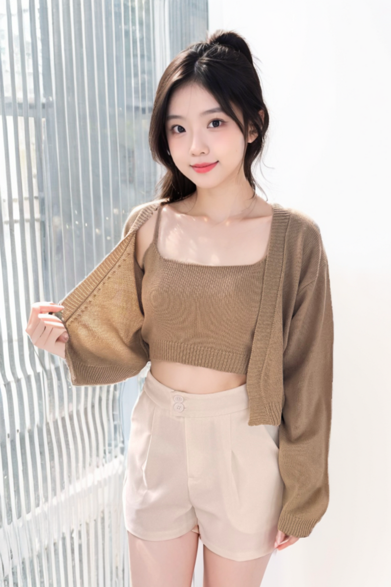 Haruka Cardigan Knit Set Khaki