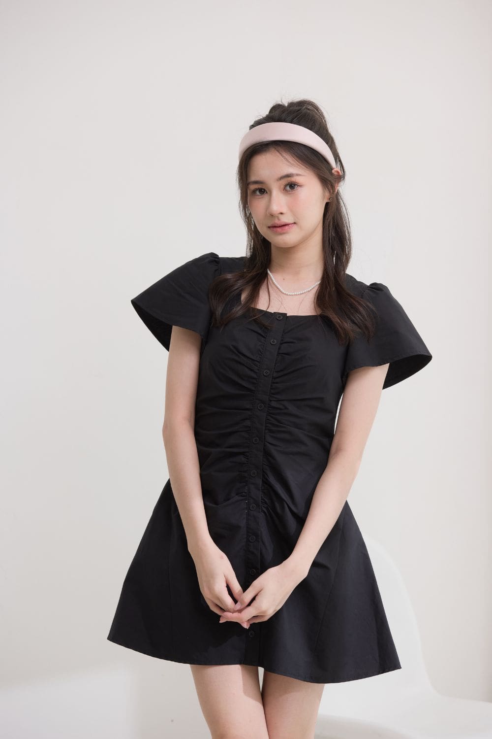 Cecelia Gathered Flutter Dress Black