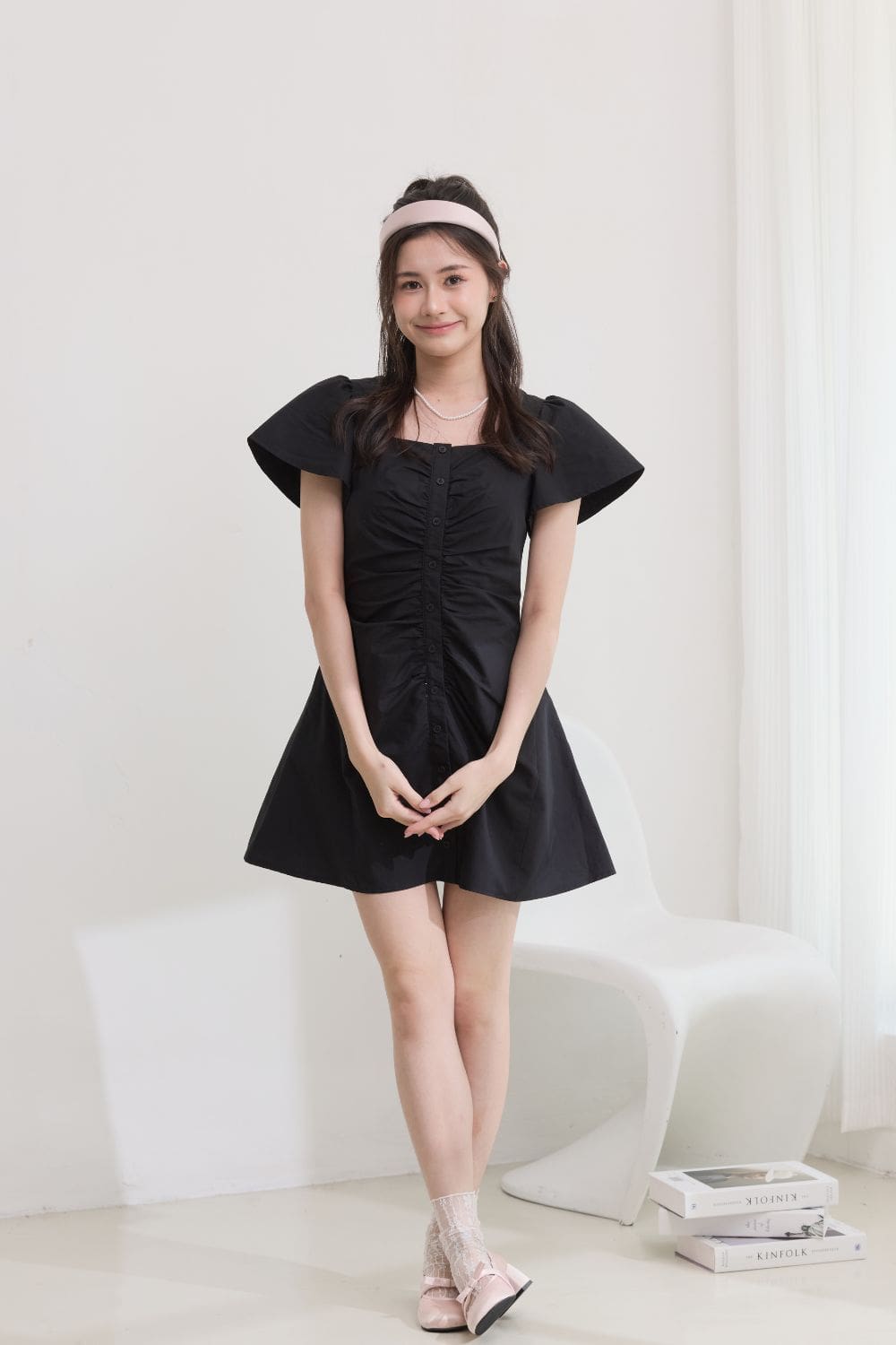 Cecelia Gathered Flutter Dress Black