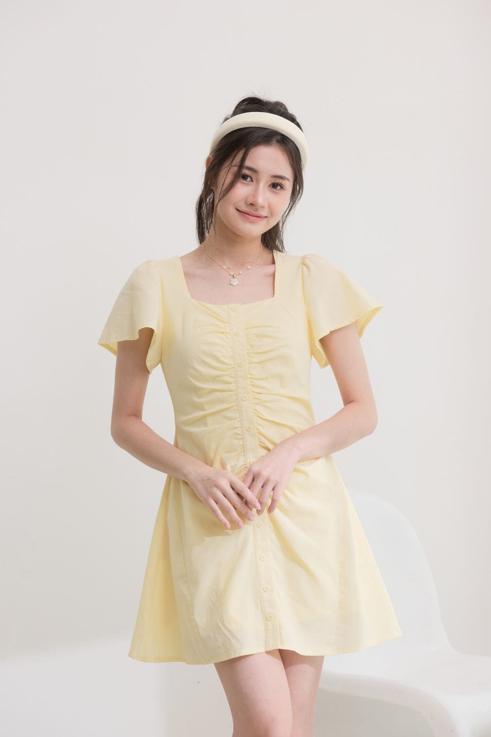 Cecelia Gathered Flutter Dress Mustard