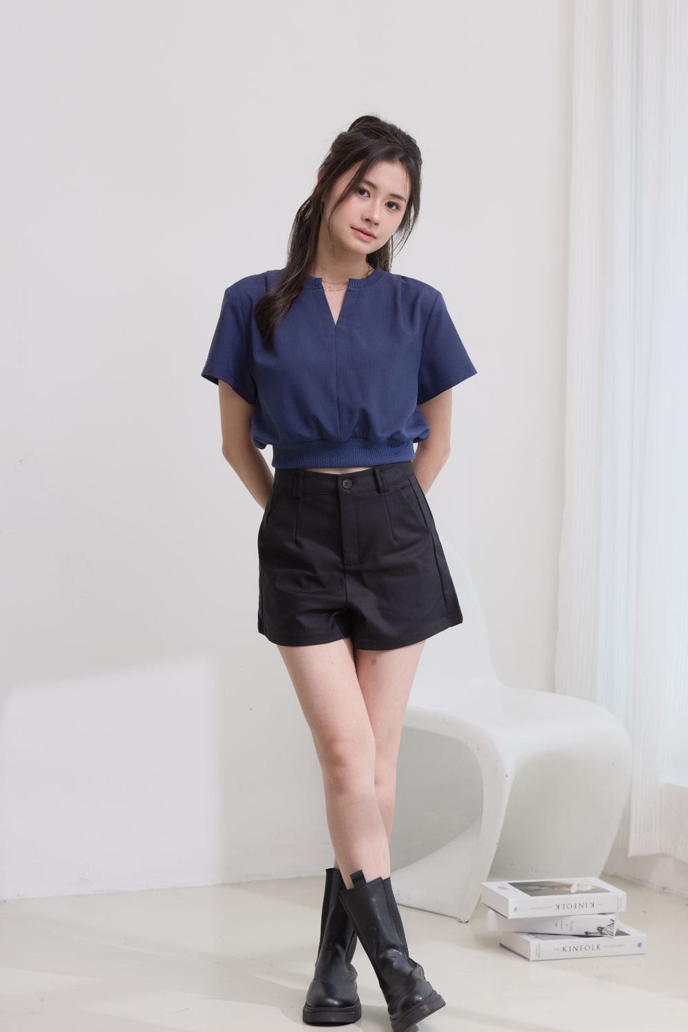 Riley High-Waisted Paneled Side Seam Shorts Black