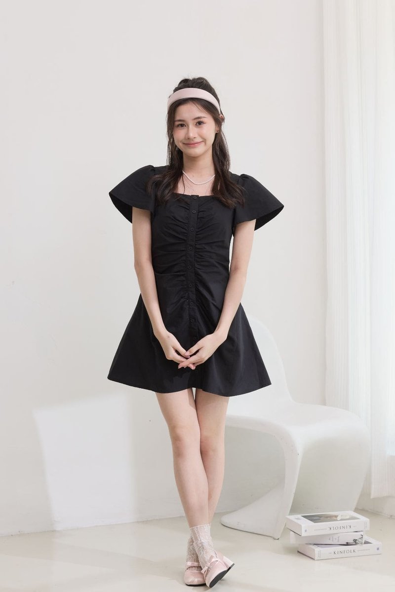 Cecelia Gathered Flutter Dress Black