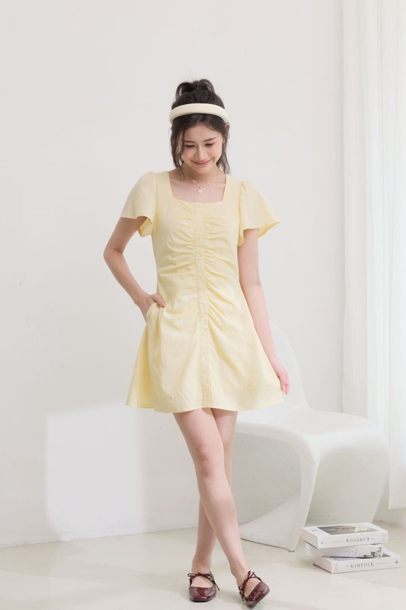 Cecelia Gathered Flutter Dress Mustard