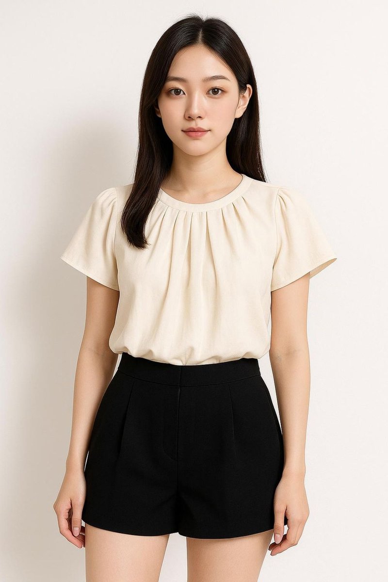 Elora Pleated Bubble Hem Top Beige