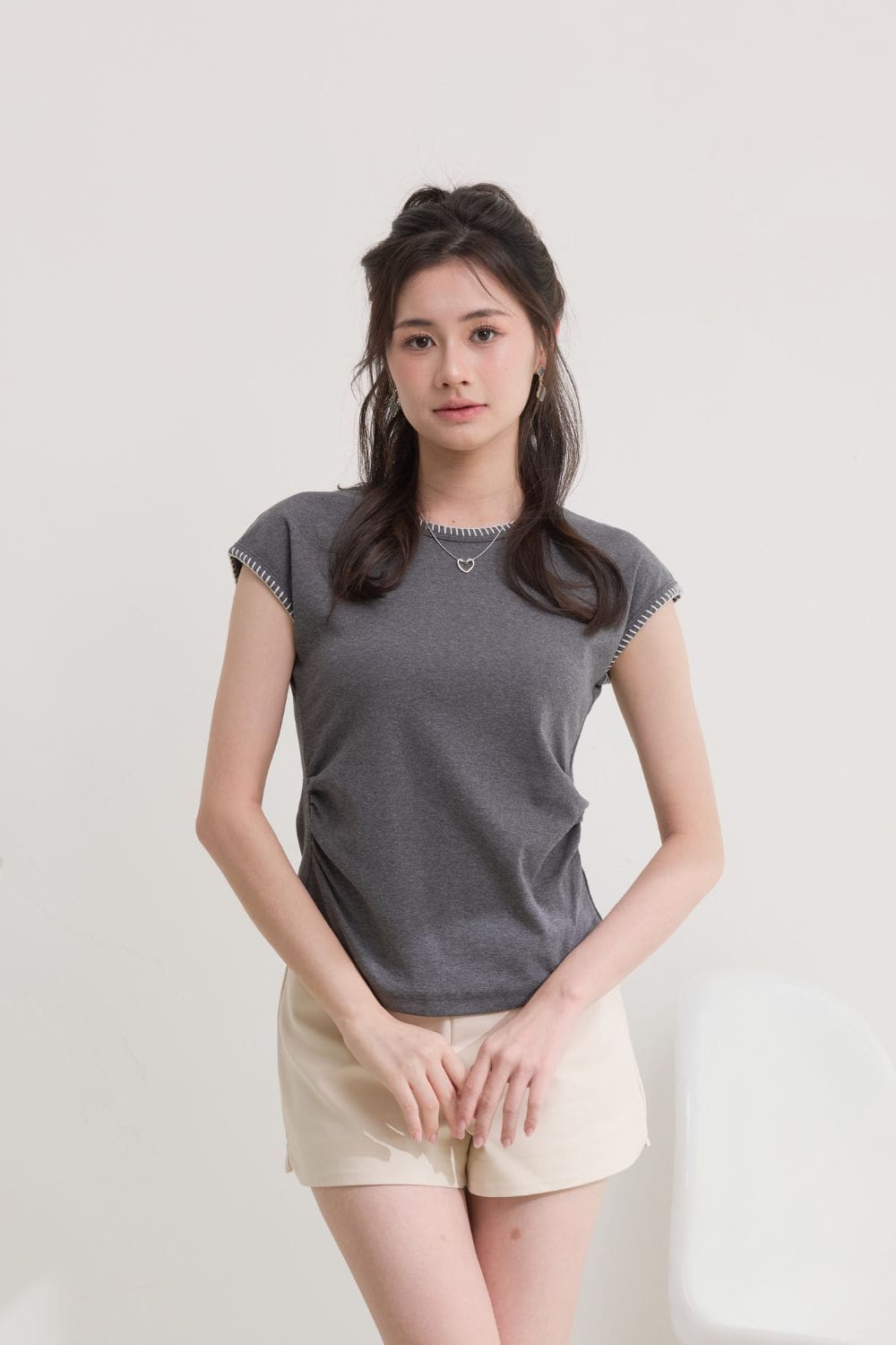 Seraphina Contrast Stitch Top Grey