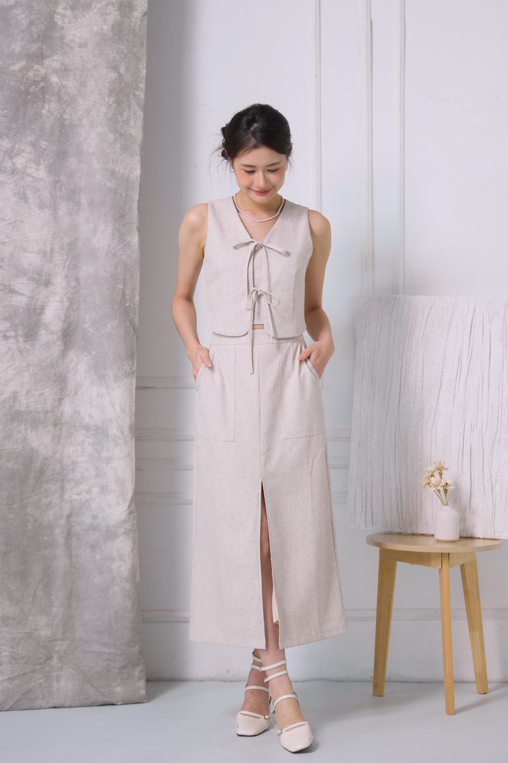 Verra Textured Midi Skirt Cream