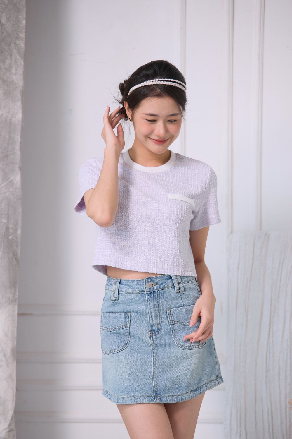 Elise Curved Denim Skirt Light Wash