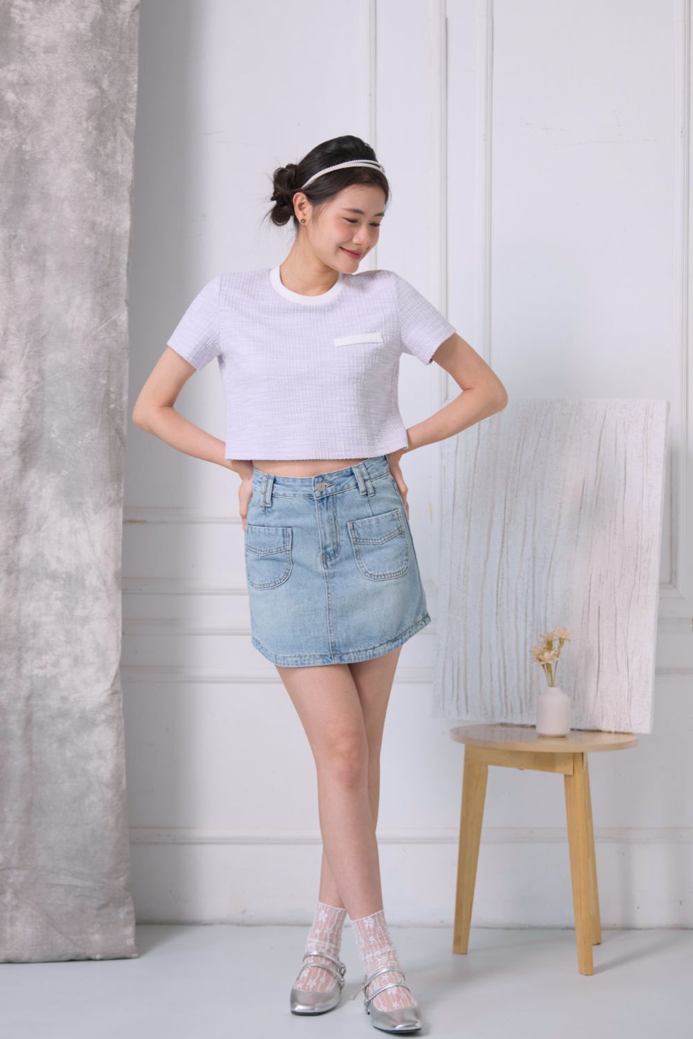 Elise Curved Denim Skirt Light Wash