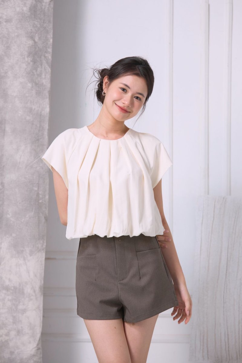 Elora Pleated Bubble Hem Top Beige