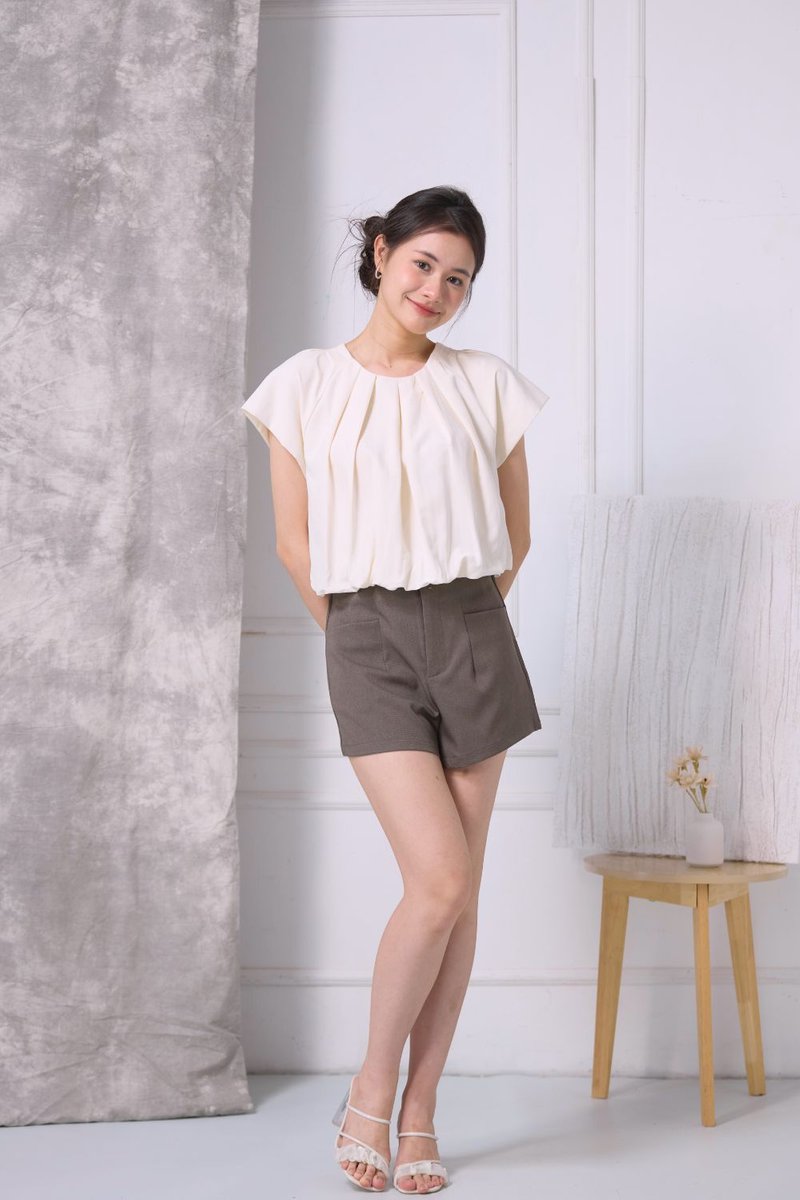 Elora Pleated Bubble Hem Top Beige