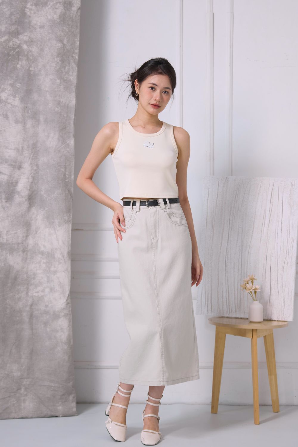 Avery Washed Twill Midi Skirt Cream