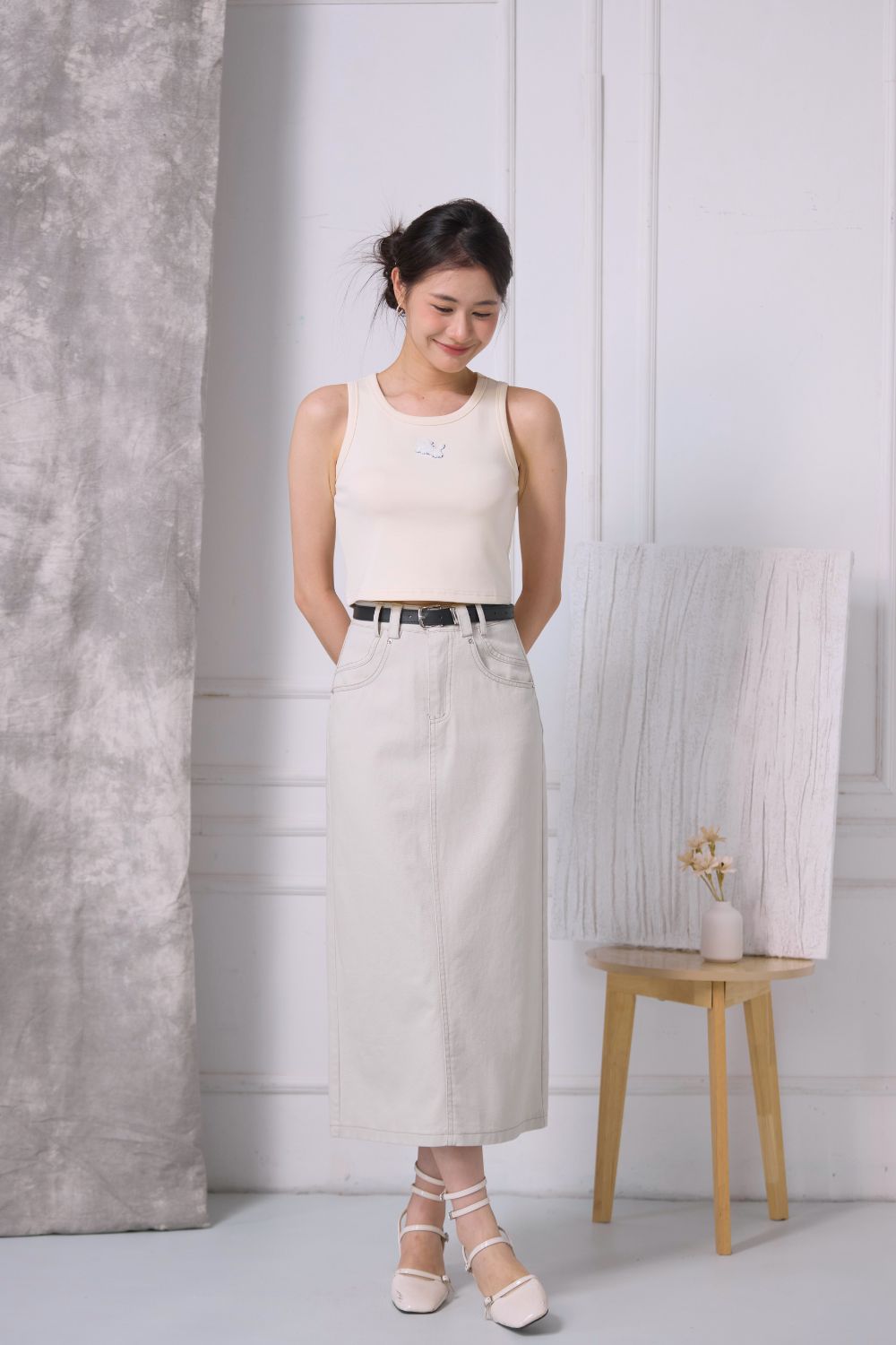 Avery Washed Twill Midi Skirt Cream