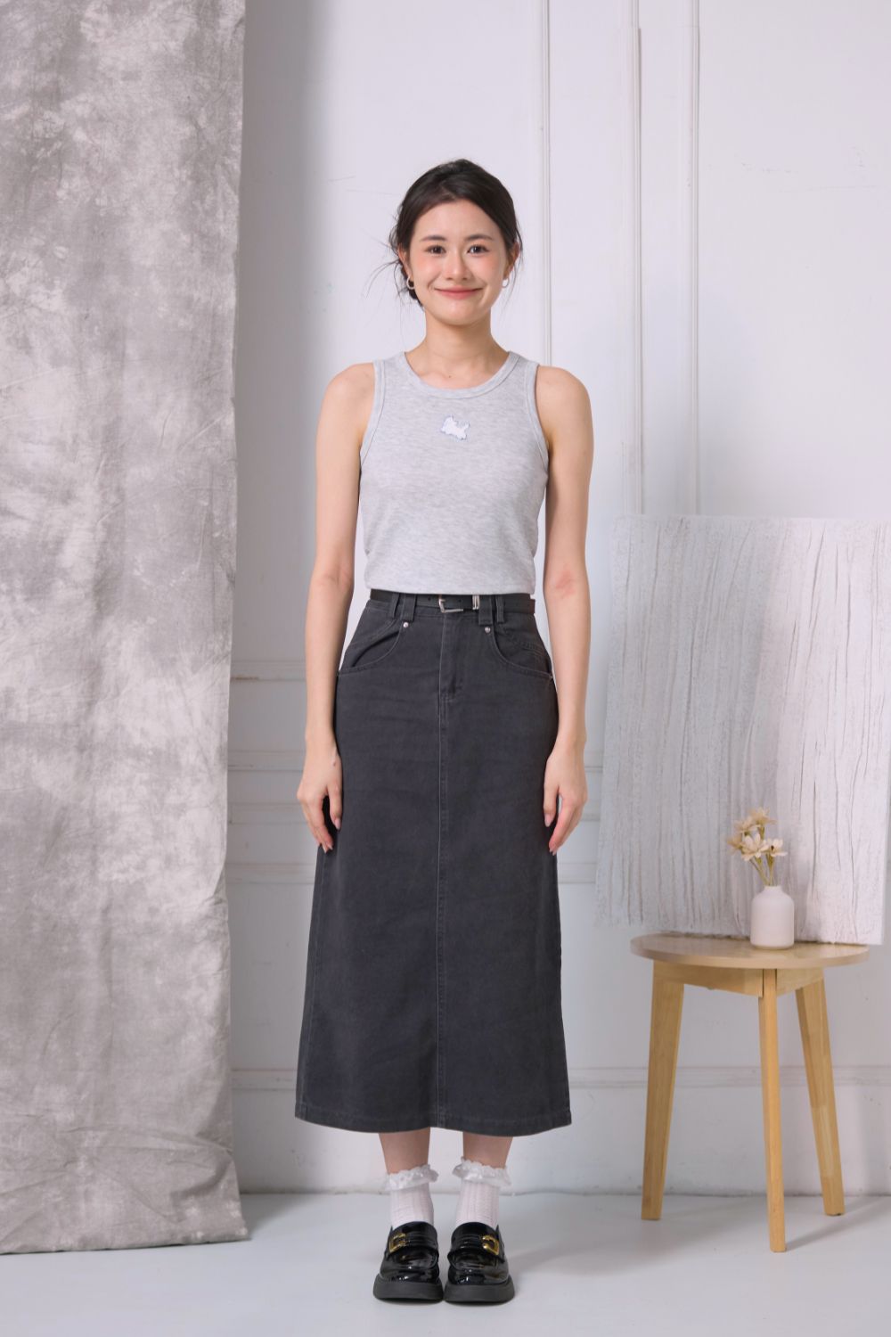 Avery Washed Twill Midi Skirt Black