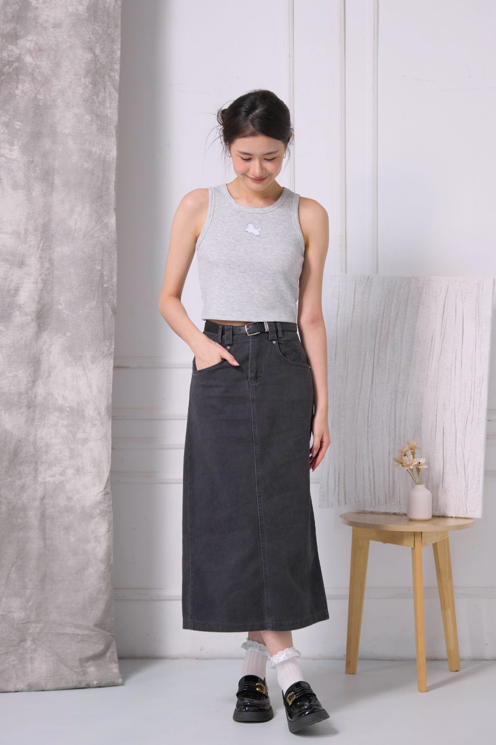 Avery Washed Twill Midi Skirt Black