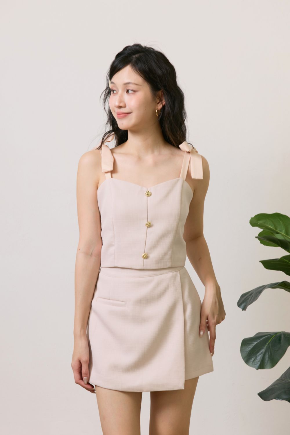 Solenne Spaghetti Ribbon Strap Tweed Top Pink