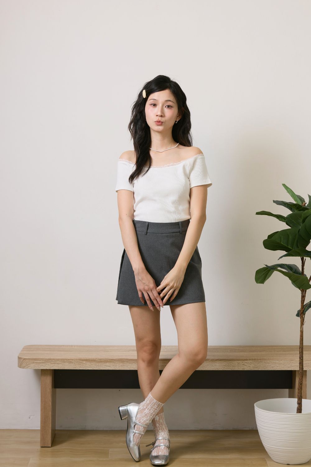 Bardot Knit Top with Lace Ivory