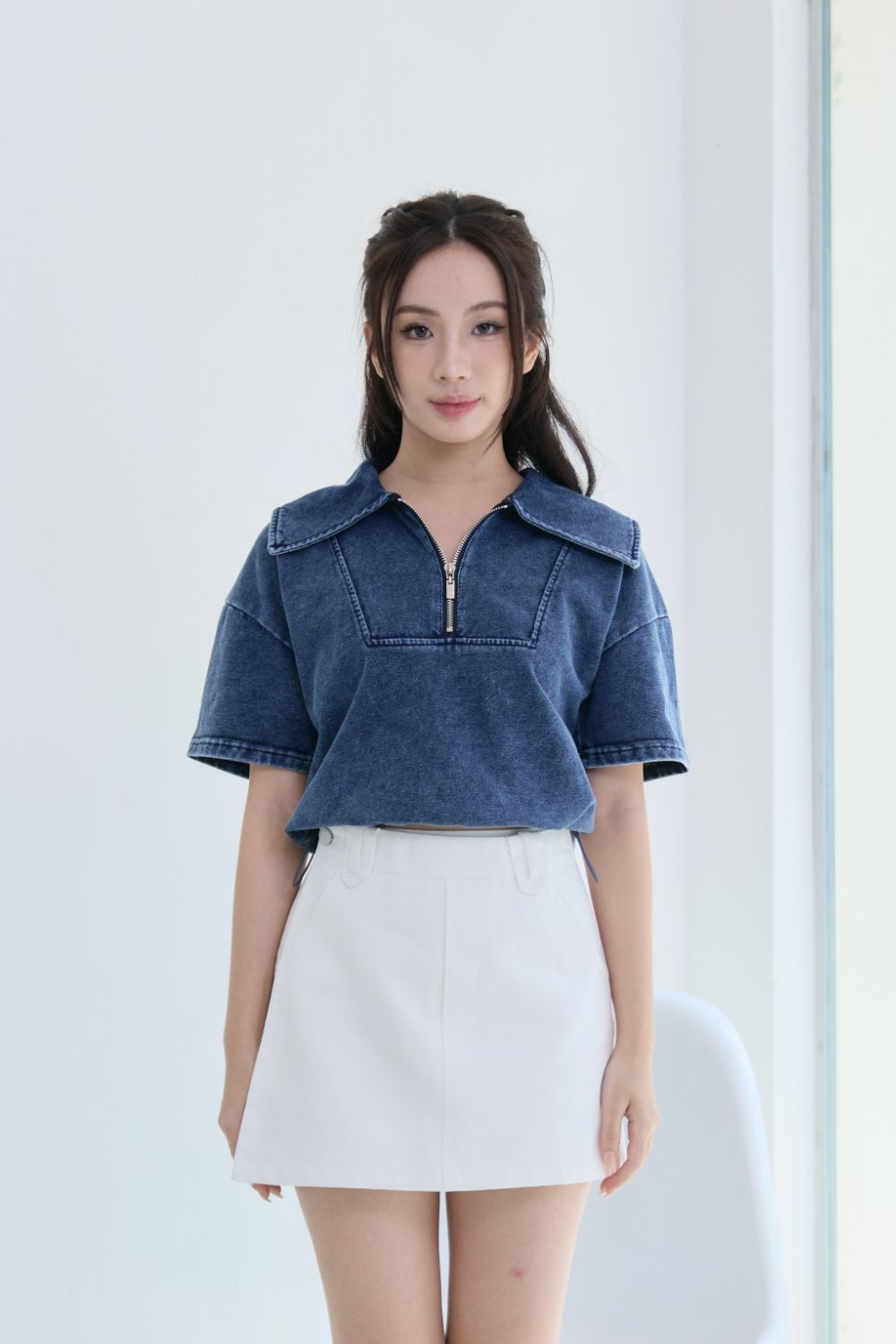 Solvienne Collared Top Dark Washed