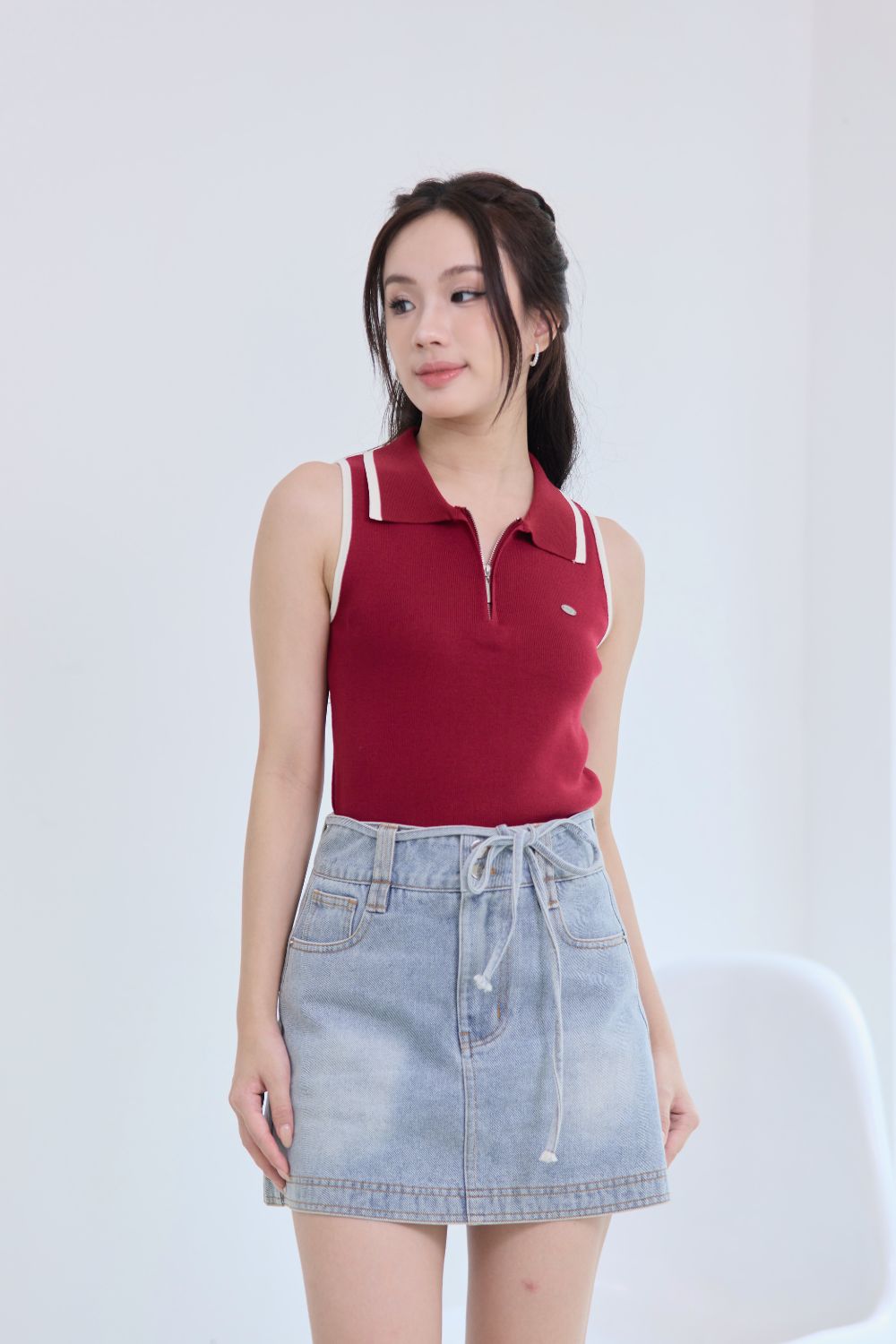 Elaria Contrast Knit Top Wine