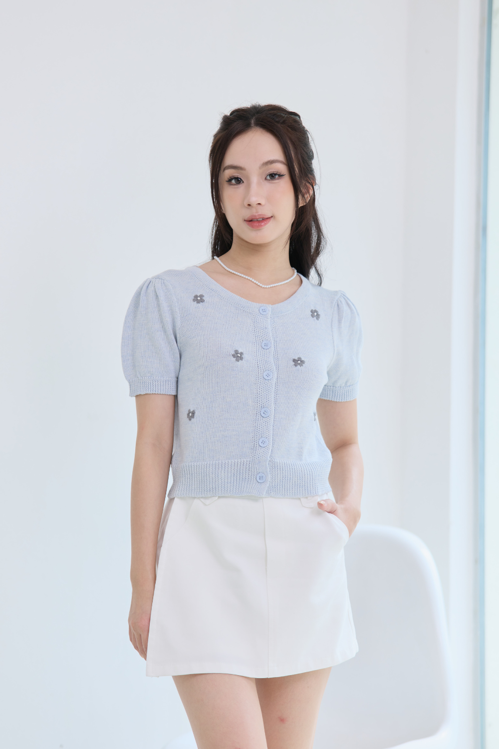Marivelle Floral Knit Top Sky