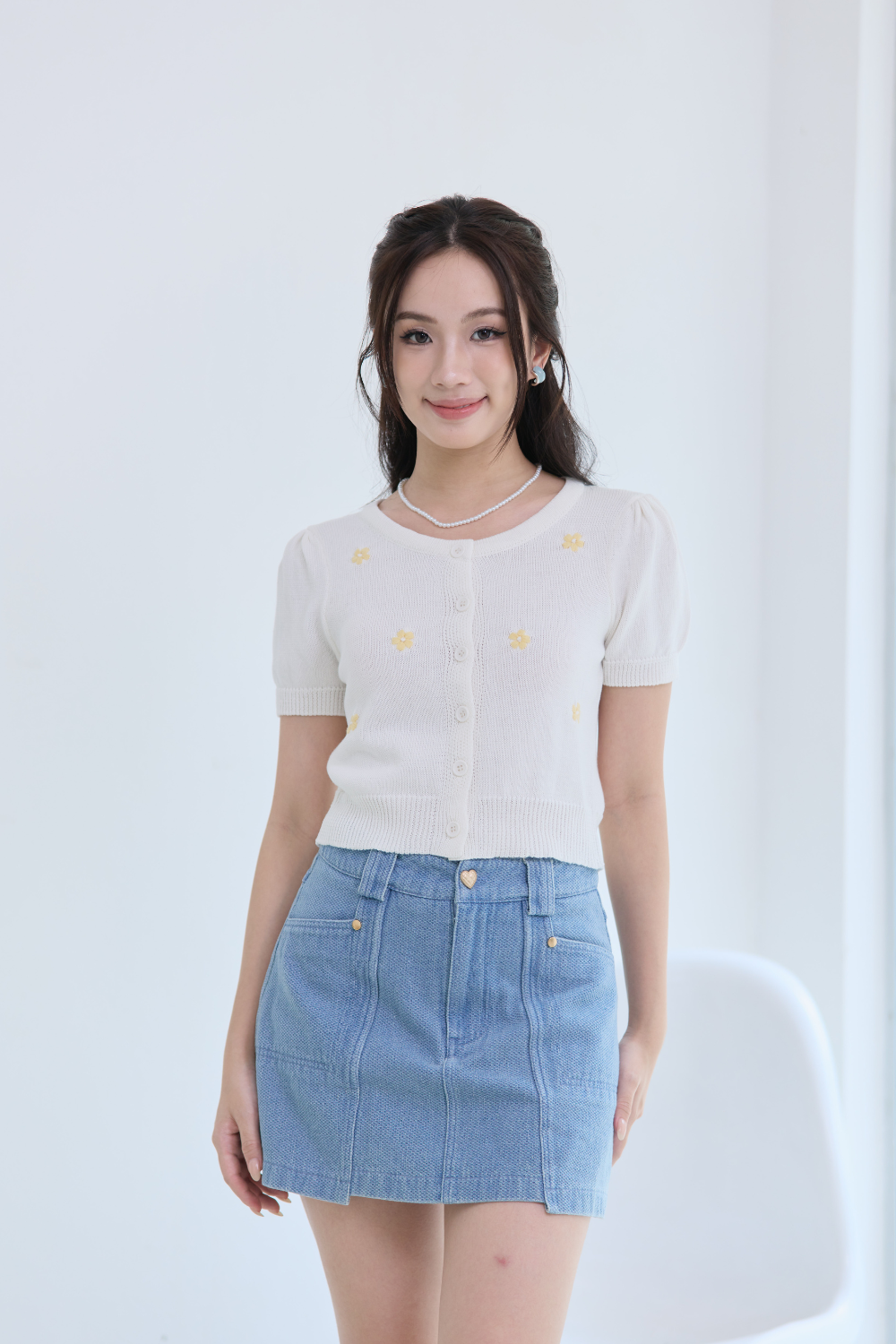 Marivelle Floral Knit Top Ivory