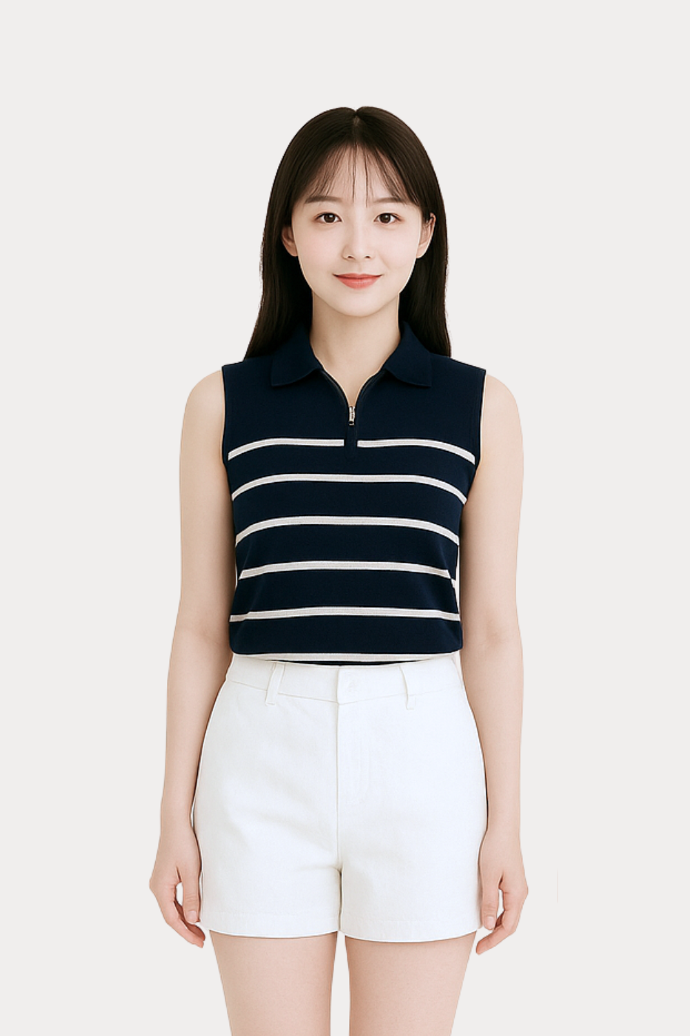 Clarisse Striped Knit Half-Zip Vest Top Black