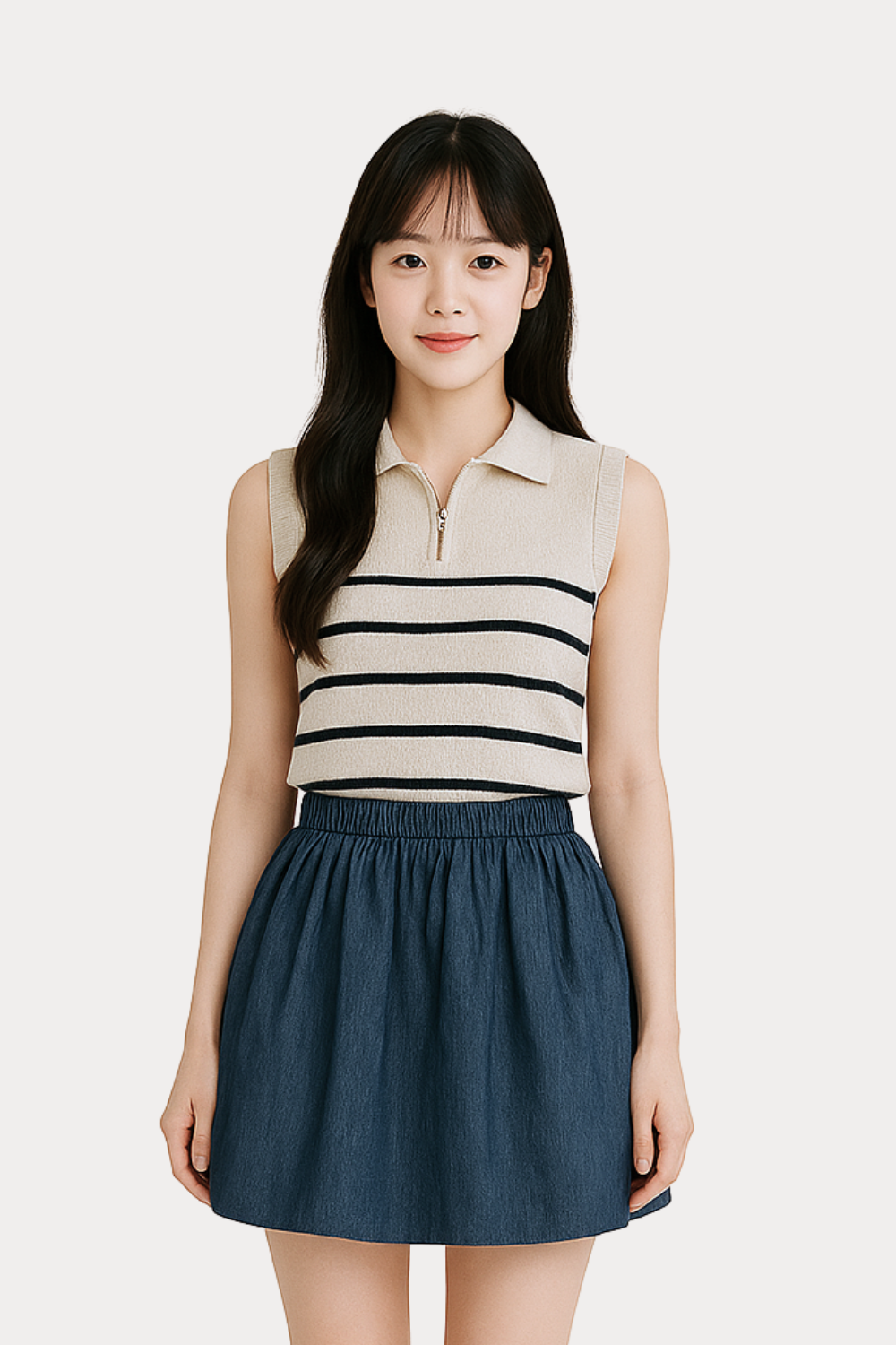 Clarisse Striped Knit Half-Zip Vest Top Beige