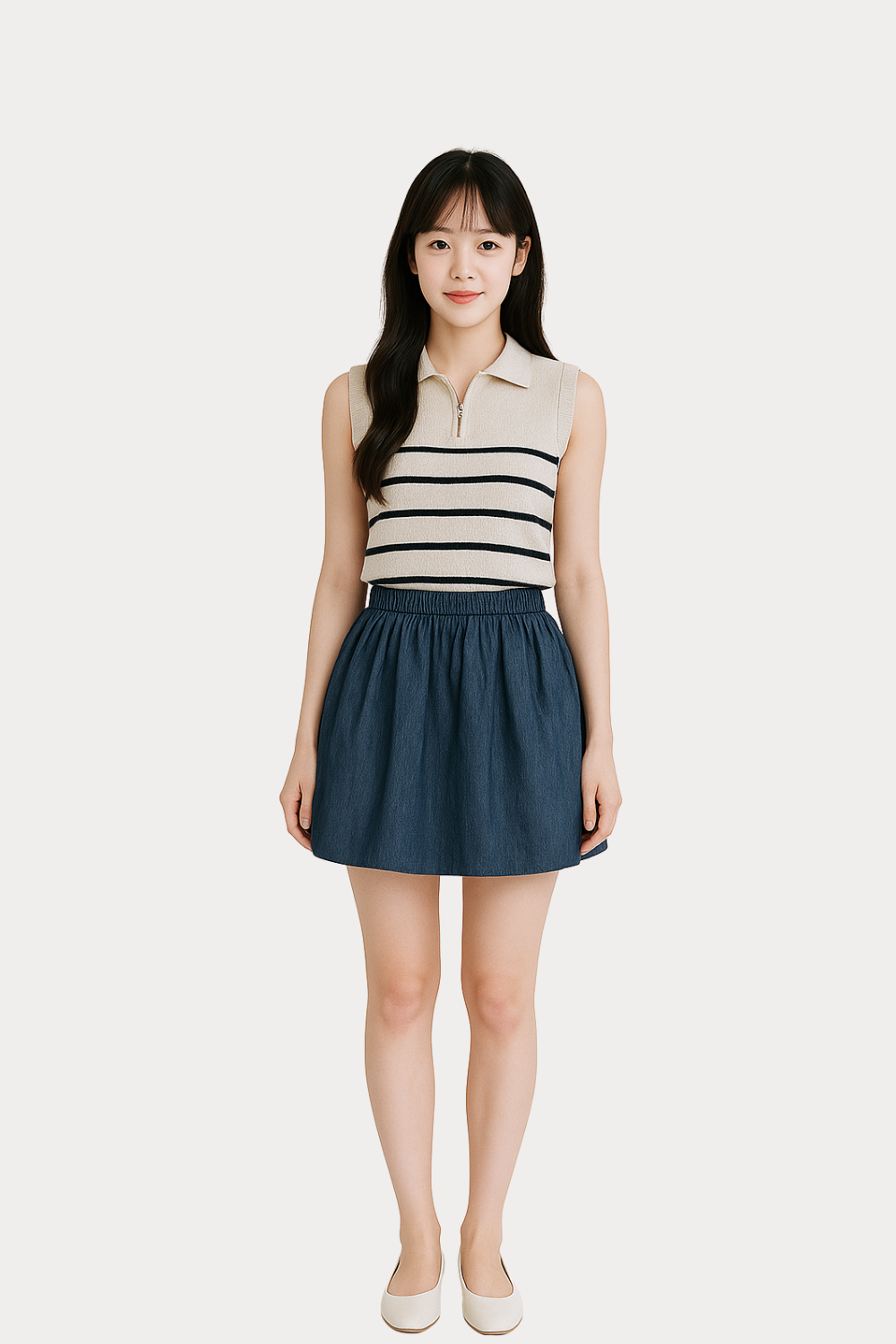 Clarisse Striped Knit Half-Zip Vest Top Beige