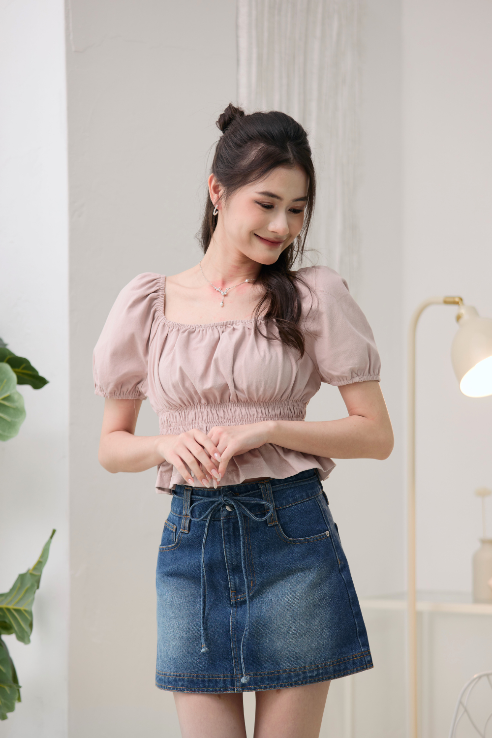 Anisse Smocked Waist Puff Sleeve Top Blush