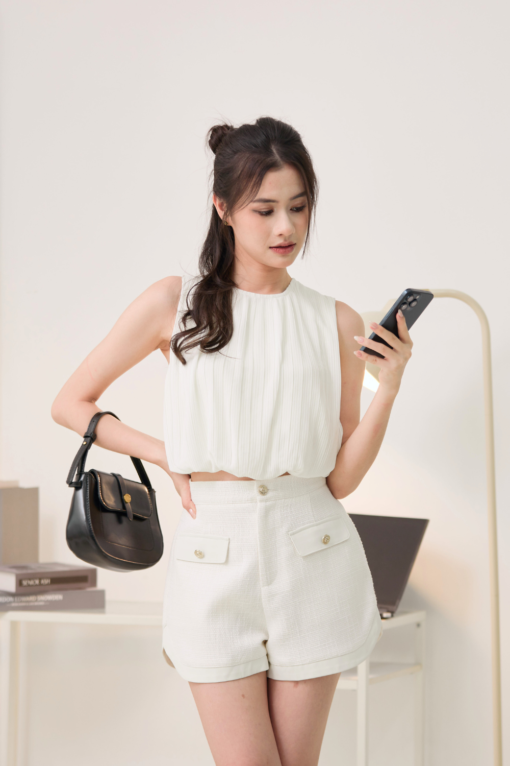 Dominique Plissé Chiffon Top Ivory