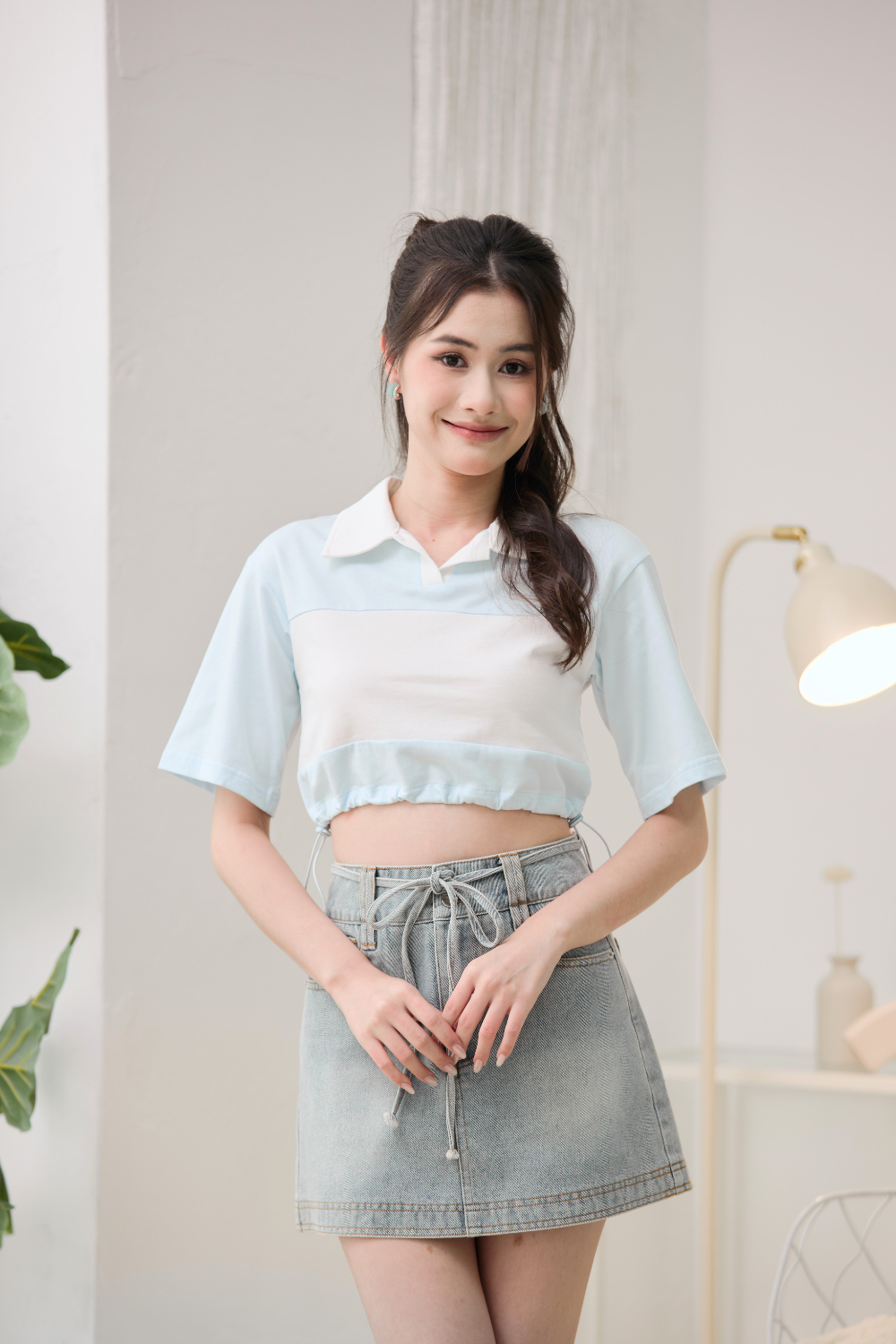 Florene Contrast Polo Crop Top Sky