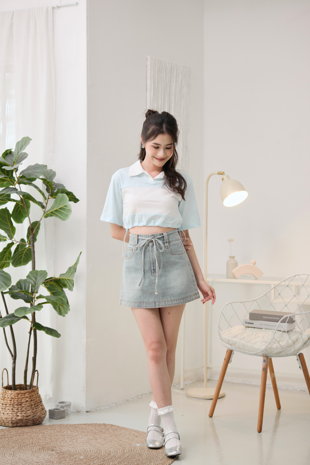 Florene Contrast Polo Crop Top Sky