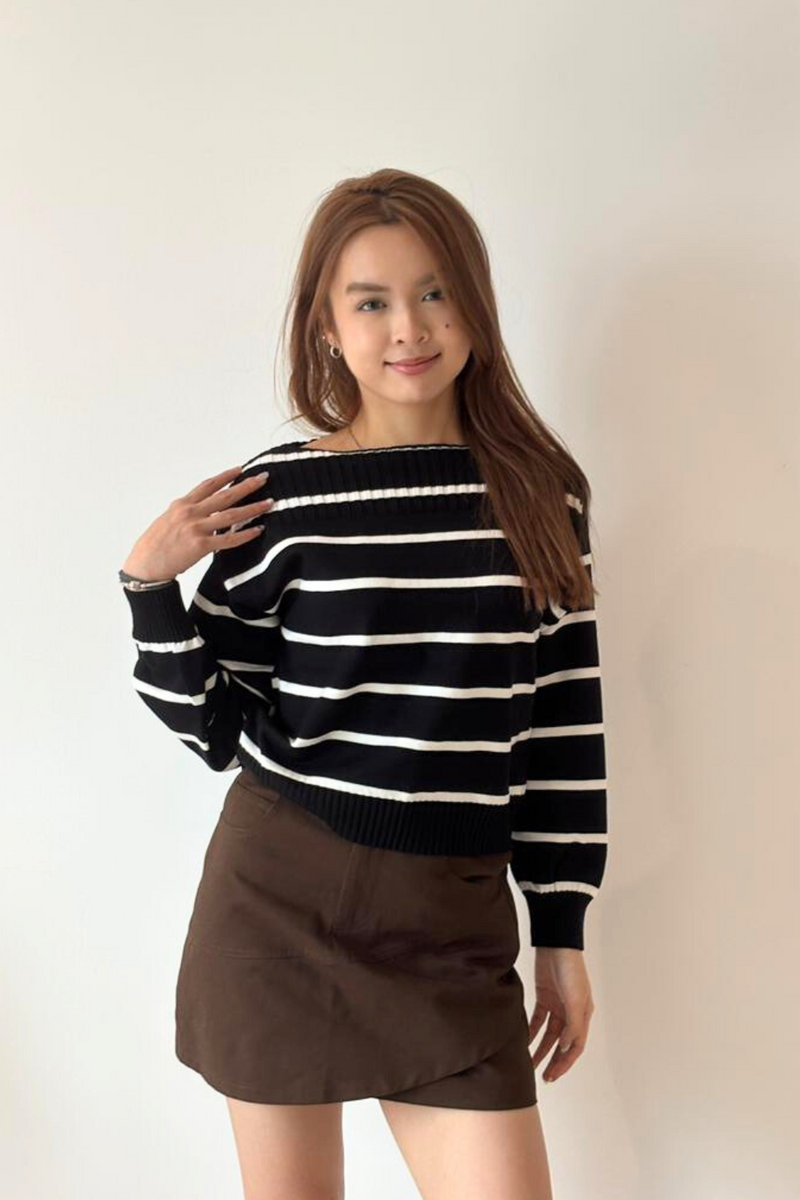 Luisa Long Sleeve Stripe Knit Top Black