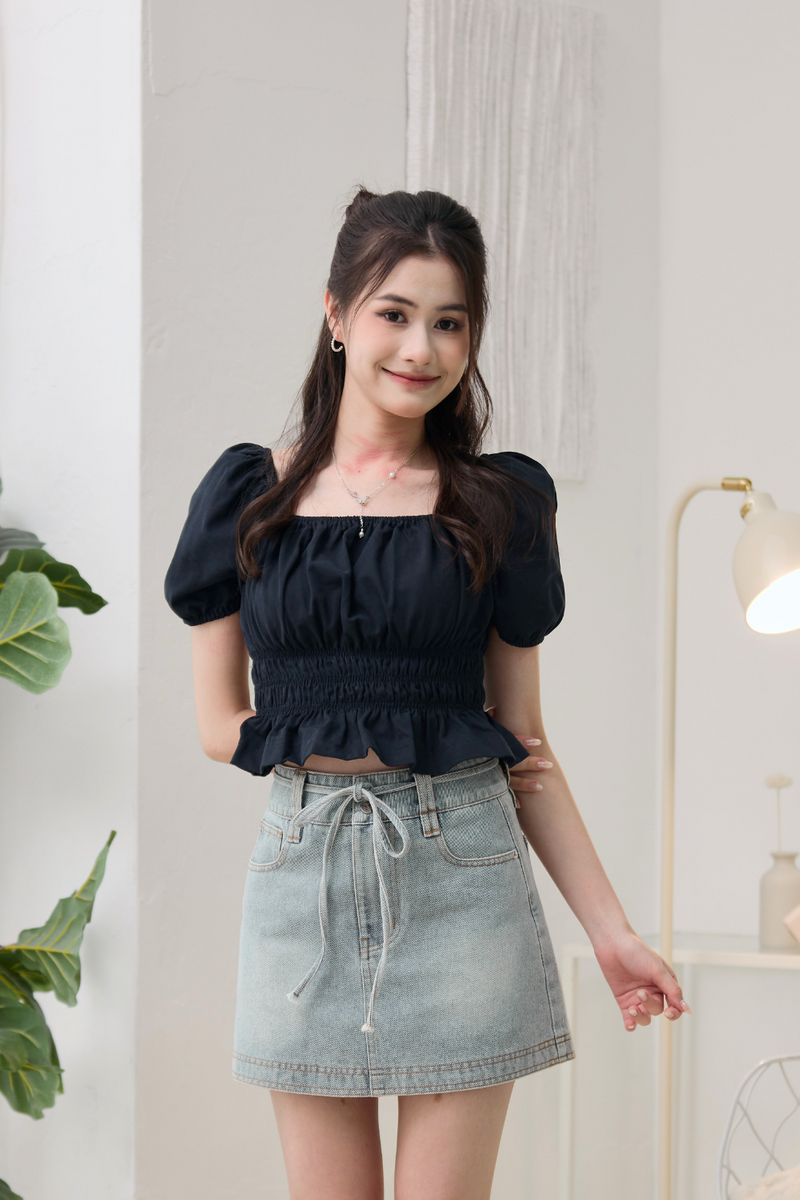Anisse Smocked Waist Puff Sleeve Top Midnight