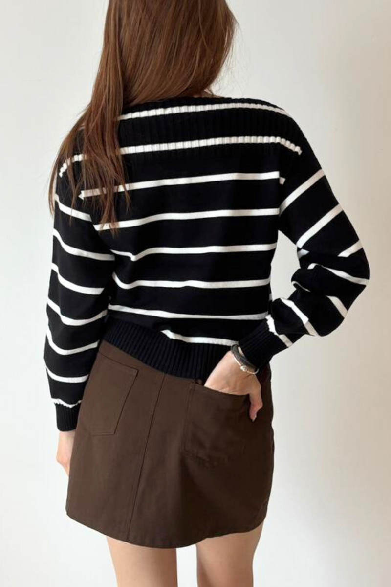 Luisa Long Sleeve Stripe Knit Top Black