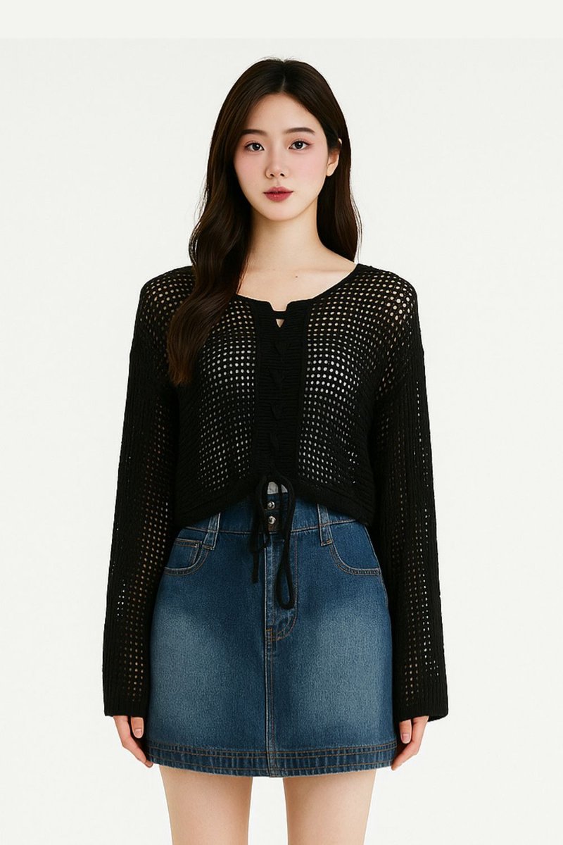 Selvya Crochet Knit Top Black