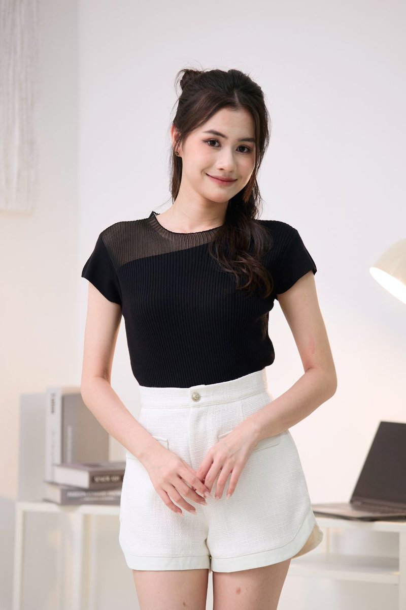 Portia Sheer Shoulder Knit Top Black
